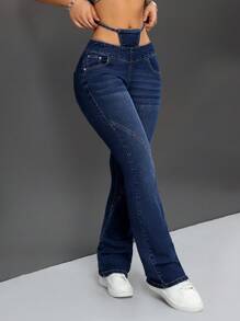 SHEIN ICON 2 合 1 緊身牛仔喇叭褲 - 中等水洗藍 - 查看 3