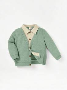 Cozy Pixies 嬰幼兒男童長袖前開衫,具彩色對比色領口和前2合1扣環設計 - 彩色 - 查看 3