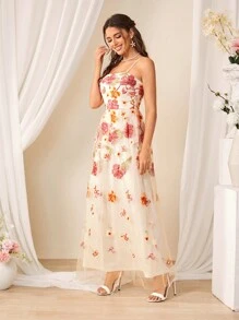 SHEIN Belle 女士刺繡花卉背心裙優雅伴娘禮服 - 米色 - 查看 4