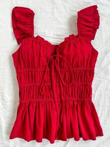 Soleia 女士捲褶紋綁帶設計短袖純色襯衫 - 酒紅色 - 查看 2