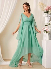 SHEIN Belle Của phụ nữ Tay áo có rãnh Eo-thắt chặt Váy phù dâu - màu xanh lá - Xem 4