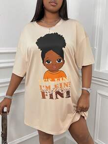 CovetEZ Kích thước lớn Thả vai Nhân vật In Khẩu hiệu Đầm - Màu be - Xem 3