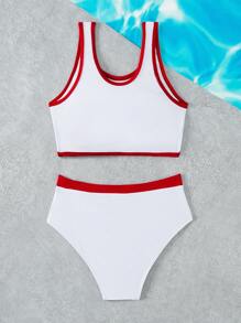 Insieme tankini senza maniche con motivo digitale per ragazze tween, abbigliamento da spiaggia stile sportivo