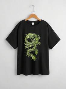SHEIN Tween Girl Drop Shoulder Dragon Print Tee - Black - View 1