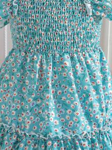 SHEIN Trẻ Cô gái In hoa Xù Hoa Sen Đầm xếp ly Với mũ - màu xanh lá - Xem 6