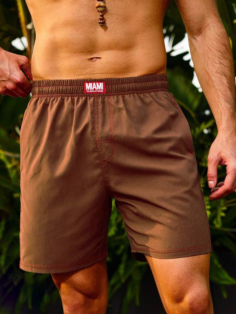 Men's Letter Patch Knee-Length Swim Shorts