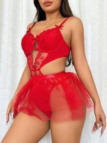 Lãng mạn Loạt Thêu Quý cô Áo liền quần chặt Và Váy Với Thép Nhẫn , 2 cái/bộ - Đỏ - Xem 4