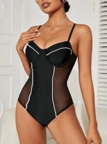 SHEIN Swim Summer Women's Mesh Panel Studded Cami One-Piece Swimsuit - Black - View 4