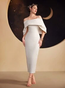 Modelyn 女士纯色吊带连衣裙，优雅晚会礼服长款晚礼服 - 米色 - 查看 6