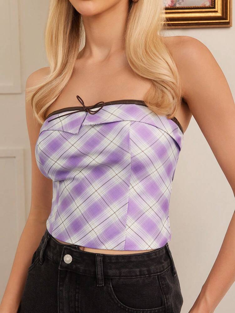 Color-Block Plaid Strapless Top For Women