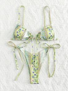 Swim Mod Summer Beach Paisley & Ditsy Floral Tie Side Bikini Set