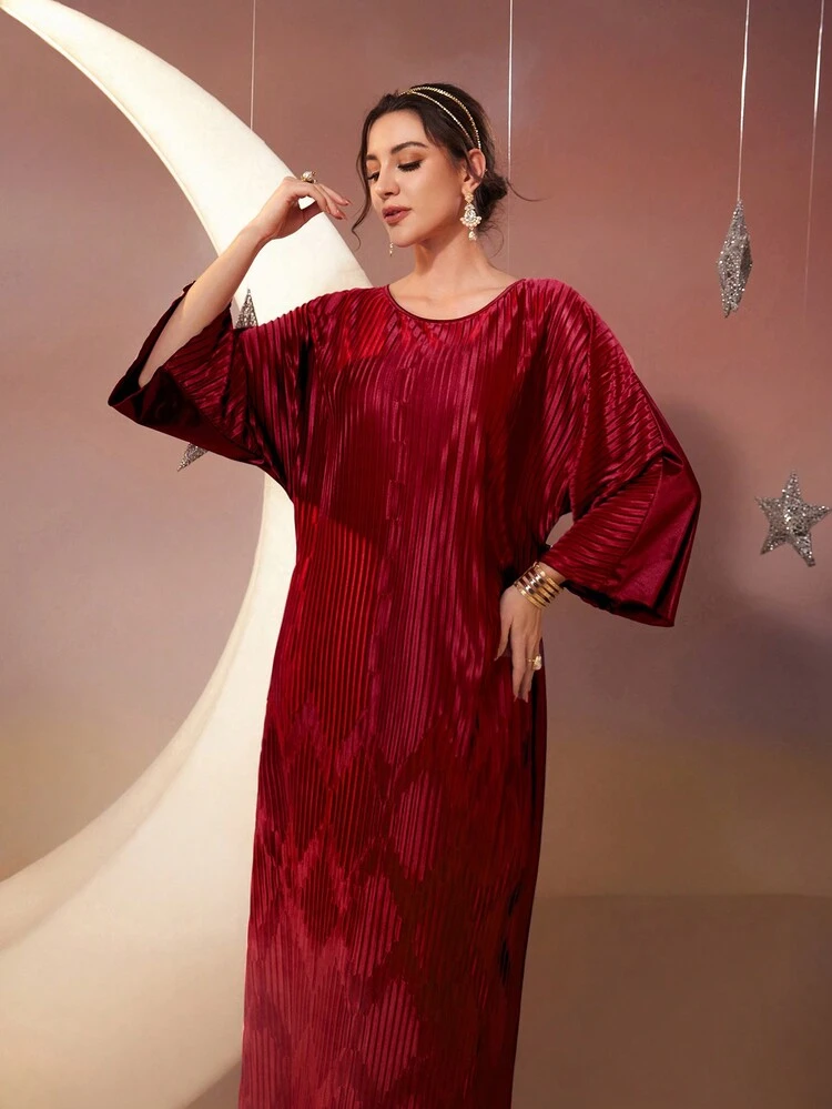 Burgundy Red Women's Solid Color Round Neck Batwing Sleeve Dress, Elegant Evening Party Dress Long Evening Dresses