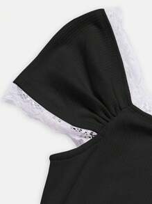 SHEIN Girlism 少女用肋式編織拼接和色塊花邊修飾的方領短袖T卹 - 黑色 - 查看 4