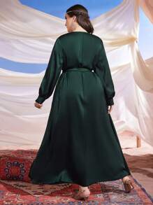 Al Najma Plus Size Women's Golden Printed Flower Pattern Lantern Sleeve Arabic Clothing