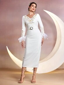 Modelyn Women's Slim Fit Color Block Dress With Turkey Feather Cuffs, Floral Embroidery And Front Slit,Elegant Evening Party Dress Long Evening Dresses - White - View 5