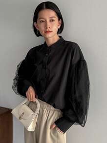 FRIFUL 女式波尔卡圆点网眼撞色灯笼袖衬衫长袖上衣 - 黑色 - 查看 6