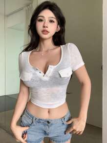 DAZY Damen Einfarbig Enganliegendes Crop Rib Strick T-shirt