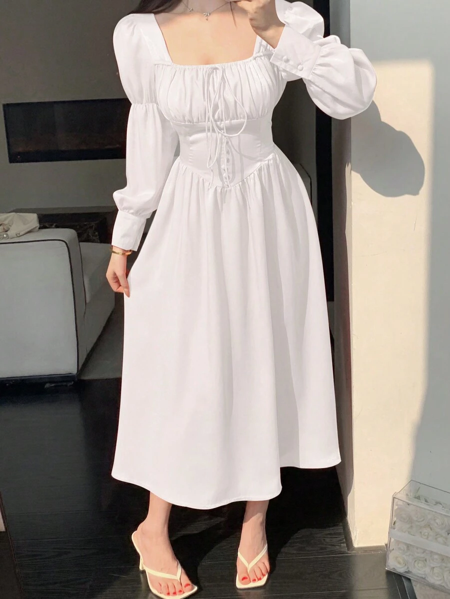 DAZY Ladies' Solid Color Square Neck With Ruffle Hem Sleeves, Pleated Ribbon Tie Dress, Fall Dress - White - View 1