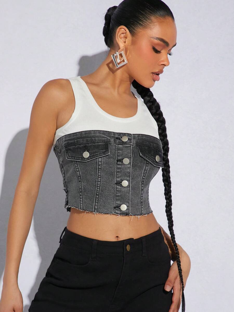 Denimoi Contrast Knit Raw Edge Cropped Denim Top - White - View 1