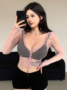 DAZY 女士透視網眼修身短款上衣 - 紫色 - 查看 1