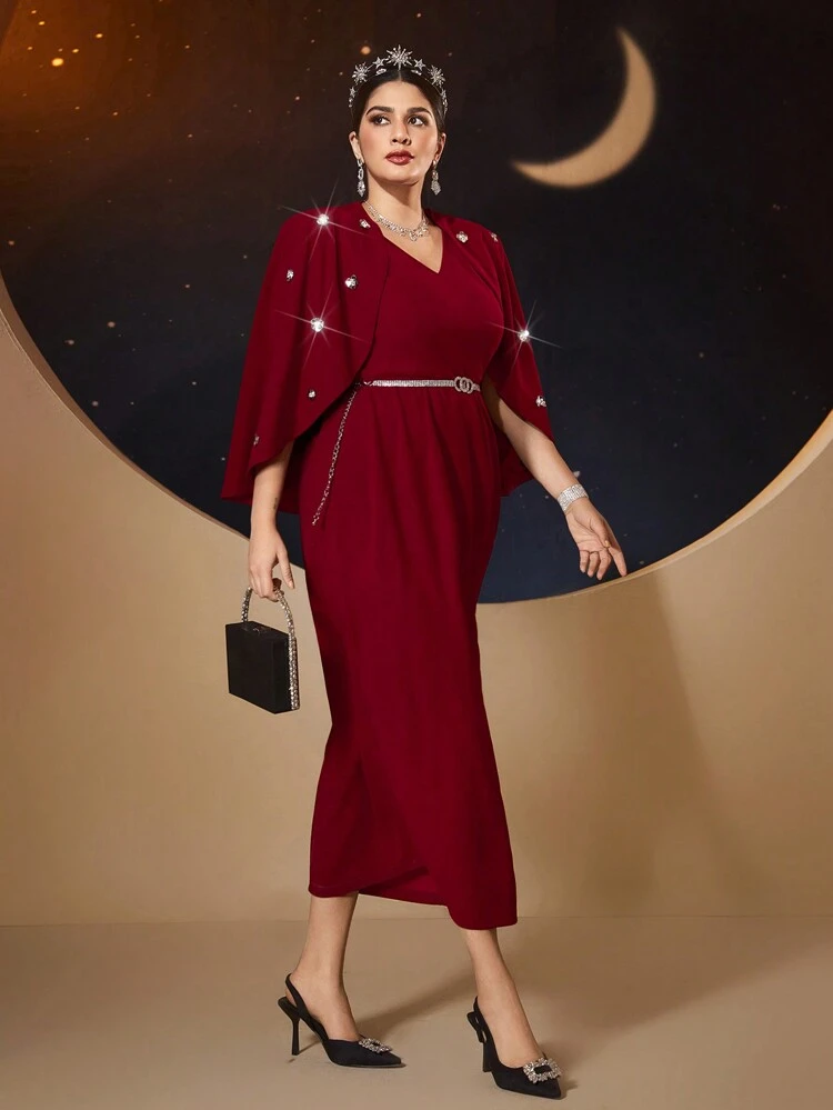 Burgundy Red Plus Size Women's Cape Style Glitter Dress,Elegant Evening Party Dress Long Evening Dresses