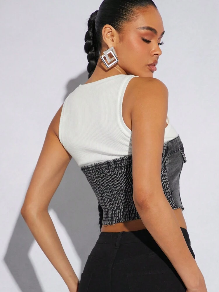 Contrast Knit Raw Edge Cropped Denim Top