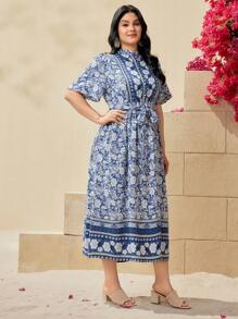 Mulvari Plus Size Ladies' Floral Print Puff Sleeve Dress - Blue - View 5