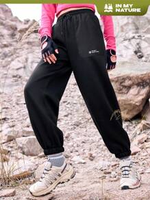 In My Nature Ladies' Outdoor Drawstring Waist Letter Printed Pants - Black - View 1