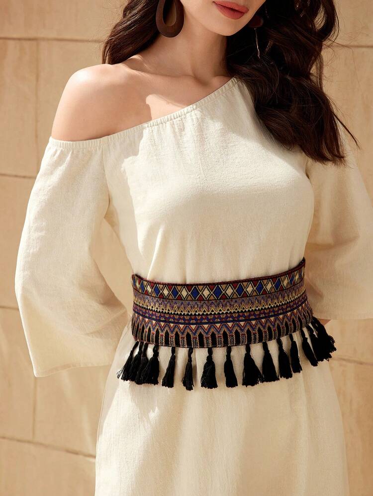 Women's Waist Cinched Dress With Braided Straps And Tassel Decorations