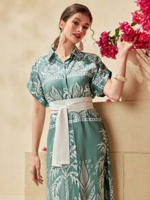 Seusyu Women's Polka Dot Pattern Printed Batwing Short Sleeve Shirt Dress - Mint Green - View 4