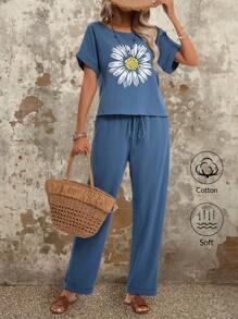 EMERY ROSE Bộ đồ thường ngày tay ngắn họa tiết hoa cúc cho nữ mùa hè hai mảnh bằng cotton - Màu xanh lam - Xem 4