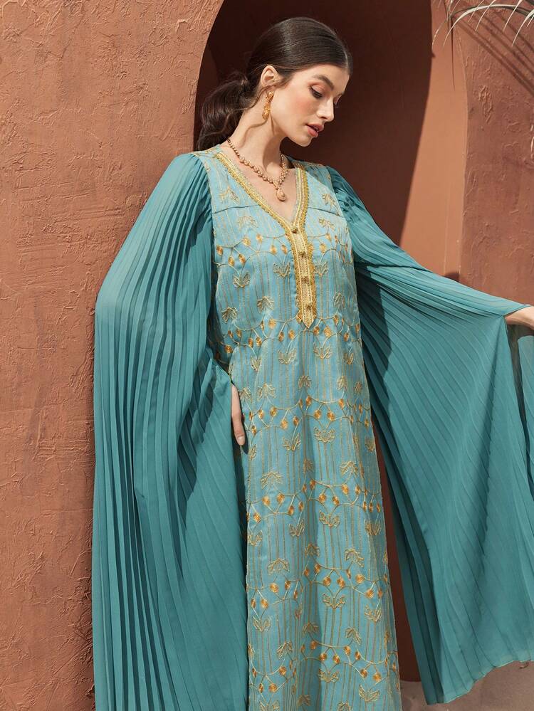 Women's Embroidery Patchwork Pleated Cape Sleeve Kaftan Dress