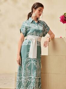 Seusyu Women's Polka Dot Pattern Printed Batwing Short Sleeve Shirt Dress - Mint Green - View 3