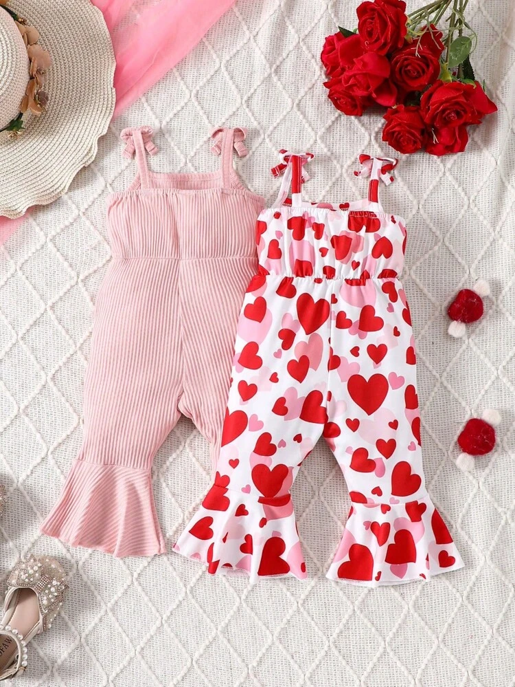 2pcs/Set Baby Girls' Casual & Elegant Heart Printed Jumpsuit, Suitable For Valentine'S Day