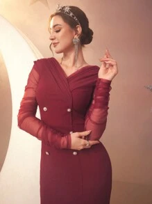 Modelyn 女士 V 领透明网眼长袖双排扣连衣裙，优雅晚会礼服 - 紅色 - 查看 4