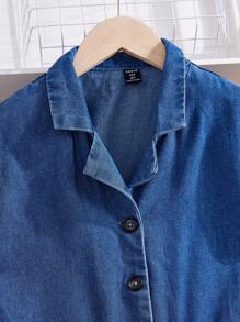 SHEIN Tween Girls' Casual Denim Short Sleeve Shirt Jumpsuit