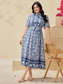 Mulvari Plus Size Ladies' Floral Print Puff Sleeve Dress - Blue - View 2
