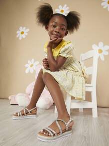 Mini mi Summer Kids Fashion Rhinestone Flat Wedge Sandals Buckle Ankle Strap Sandals For Party - Silver - View 6