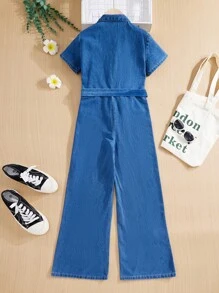 SHEIN Tween Girls' Casual Denim Short Sleeve Shirt Jumpsuit