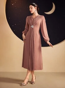 Modelyn Ladies' Pleated Puff Sleeve Dress Long Evening Dresses Fall Cloth For Women