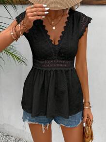 SHEIN Frenchy Guipure Lace Insert Peplum Tee Black Summer Casual - Black - View 5