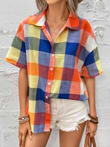 SHEIN LUNE Của phụ nữ Kẻ sọc Thả vai Áo sơ mi - Nhiều màu - Xem 5