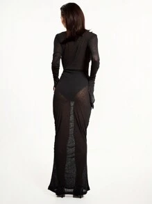 MUSERA Sheer Draped Sleeve Maxi Dress Sexy - Black - View 3