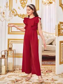 SHEIN Tween Girls' 可愛宮廷風格圓領荷葉邊連身褲長褲 - 紅色 - 查看 5