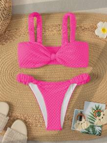 SHEIN Swim Conjunto de bikini separado con textura y volantes para damas, para verano y playa - Rosa Fucsia - Ver 1