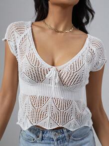 SHEIN Unity Women's Hollow Out Knitted Top With Front Tie - White - View 3