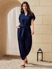 Seusyu Women's Batwing Sleeve Notched Collar Jumpsuit - Blue - View 7