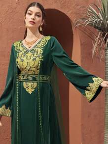 Al Najma Của phụ nữ Chi tiết thêu Tay áo chuông Váy Ả Rập - Màu xanh lá cây đậm - Xem 8