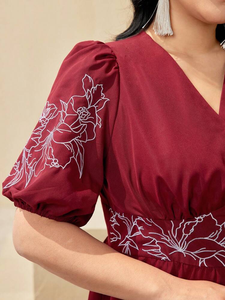Burgundy Red Plus Size Women's Embroidered Lantern Sleeve Dress