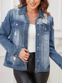 SHEIN LUNE Women's Distressed Button Front Denim Jacket - Light Wash - View 6